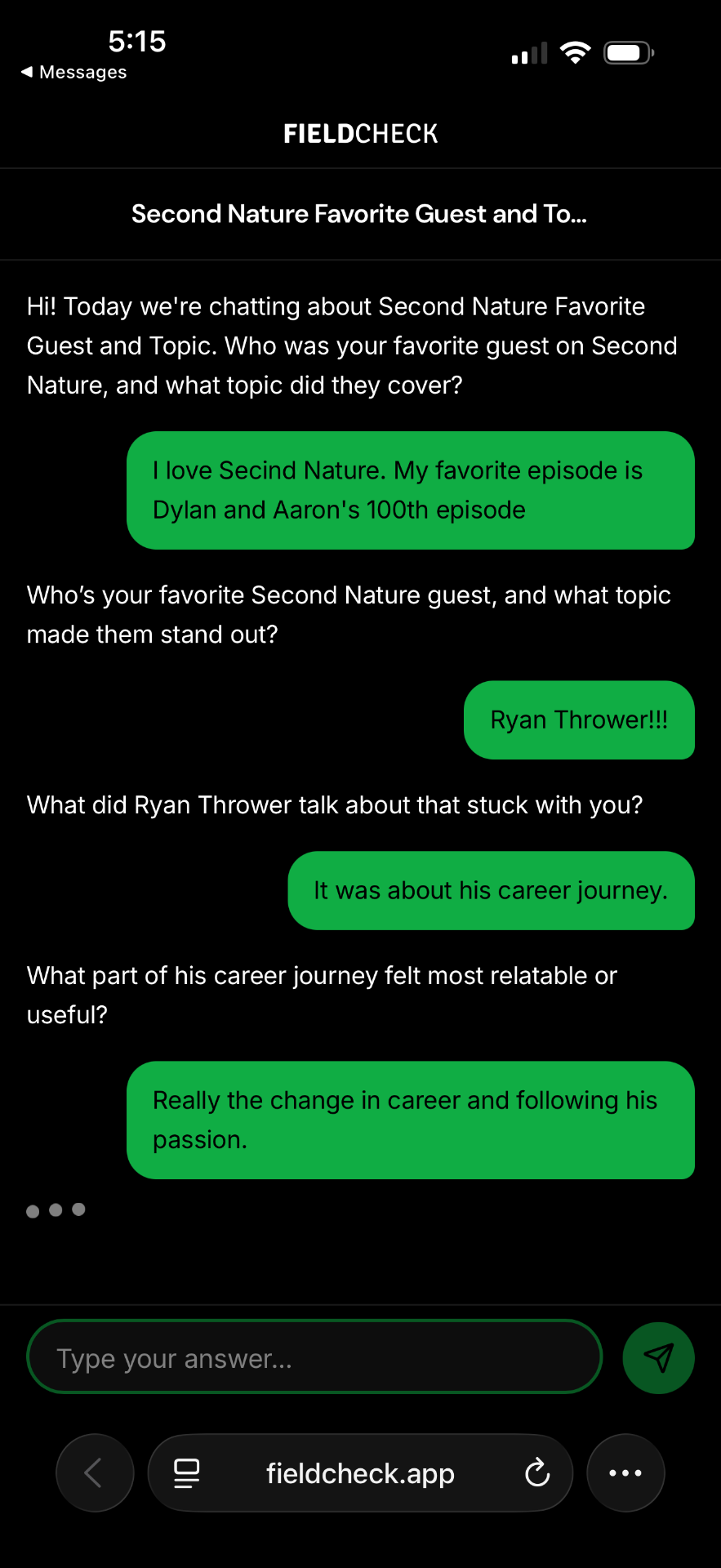 FieldCheck check-in conversation on an iPhone